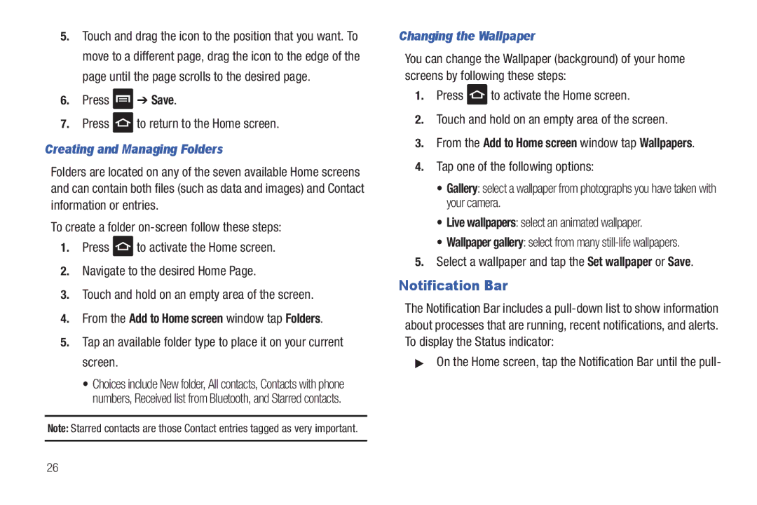 Samsung A3LSGHI987 user manual Notification Bar, Creating and Managing Folders, Changing the Wallpaper 