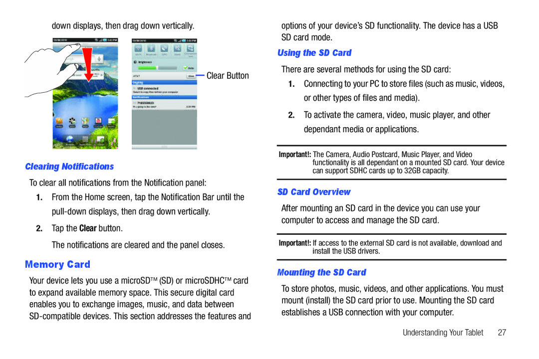 Samsung A3LSGHI987 Memory Card, Clearing Notifications, Using the SD Card, SD Card Overview, Mounting the SD Card 