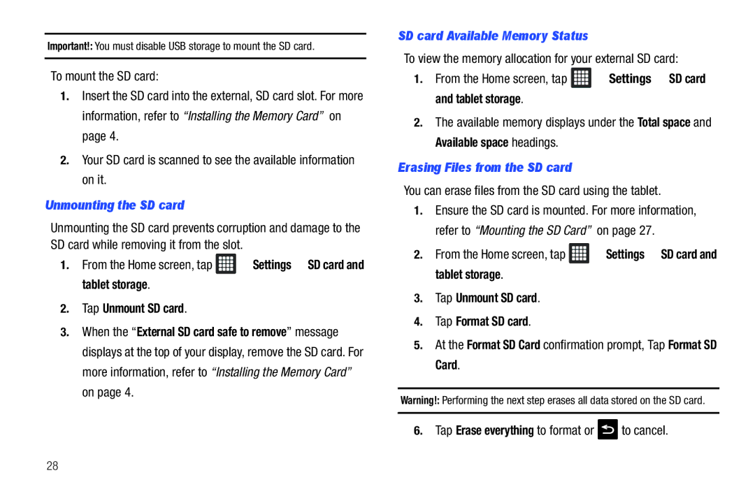 Samsung A3LSGHI987 user manual Unmounting the SD card, SD card Available Memory Status, Erasing Files from the SD card 