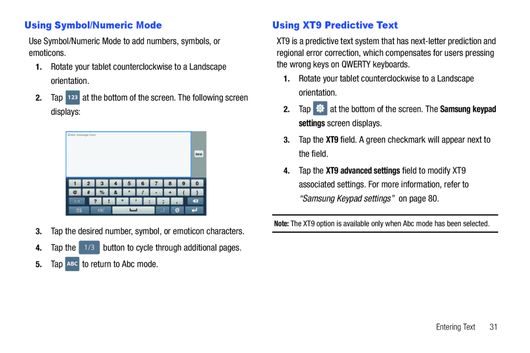 Samsung A3LSGHI987 user manual Using Symbol/Numeric Mode, Using XT9 Predictive Text, Tap ABC To return to Abc mode 