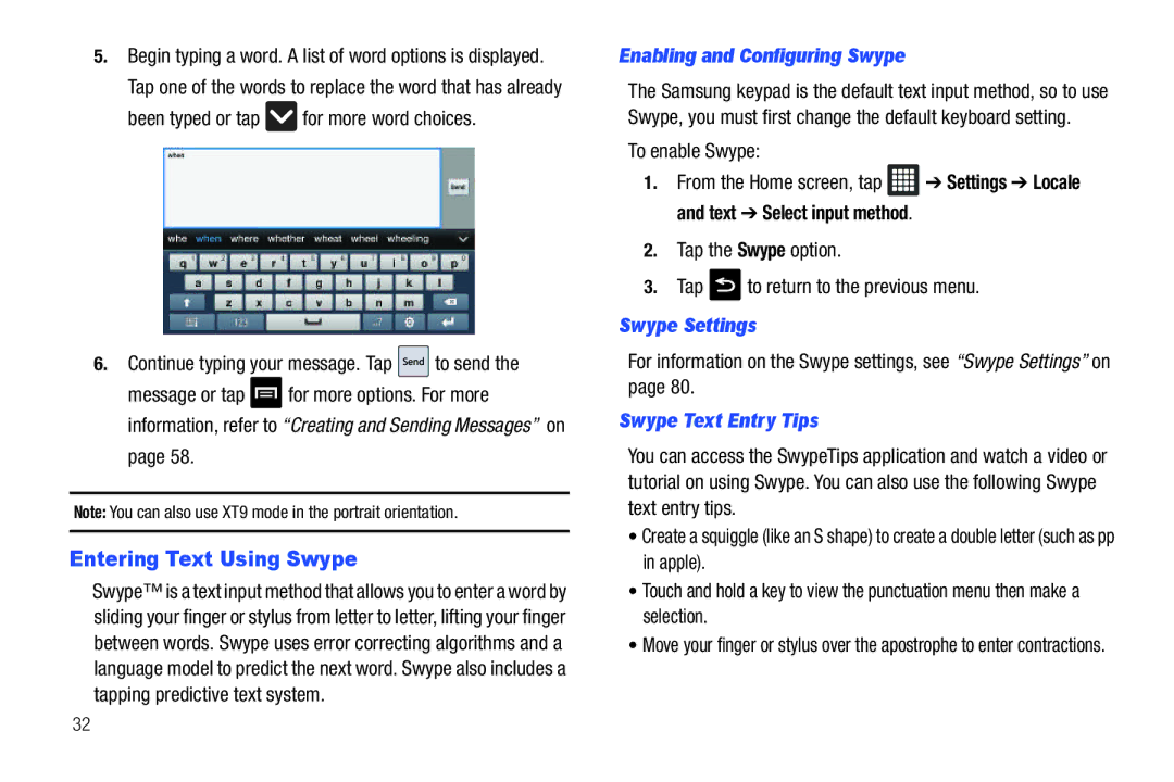 Samsung A3LSGHI987 Entering Text Using Swype, Enabling and Configuring Swype, Swype Settings, Swype Text Entry Tips 