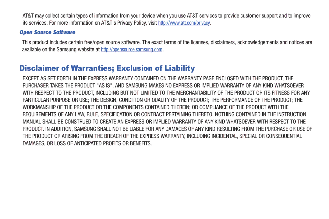 Samsung A3LSGHI987 user manual Disclaimer of Warranties Exclusion of Liability, Open Source Software 