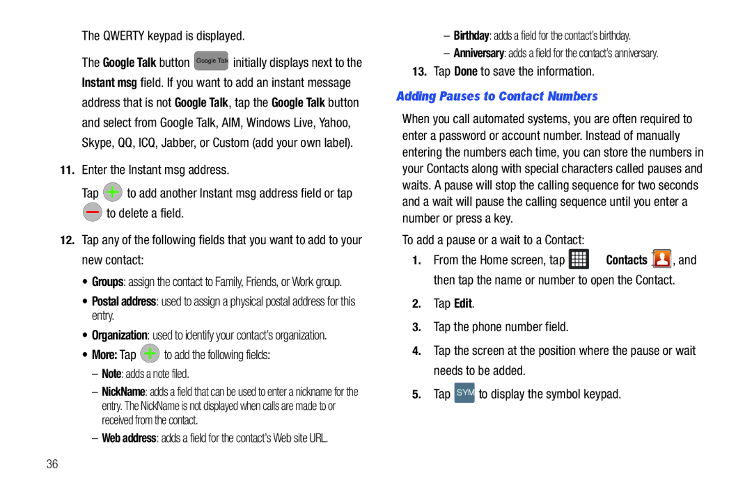 Samsung A3LSGHI987 user manual Adding Pauses to Contact Numbers 