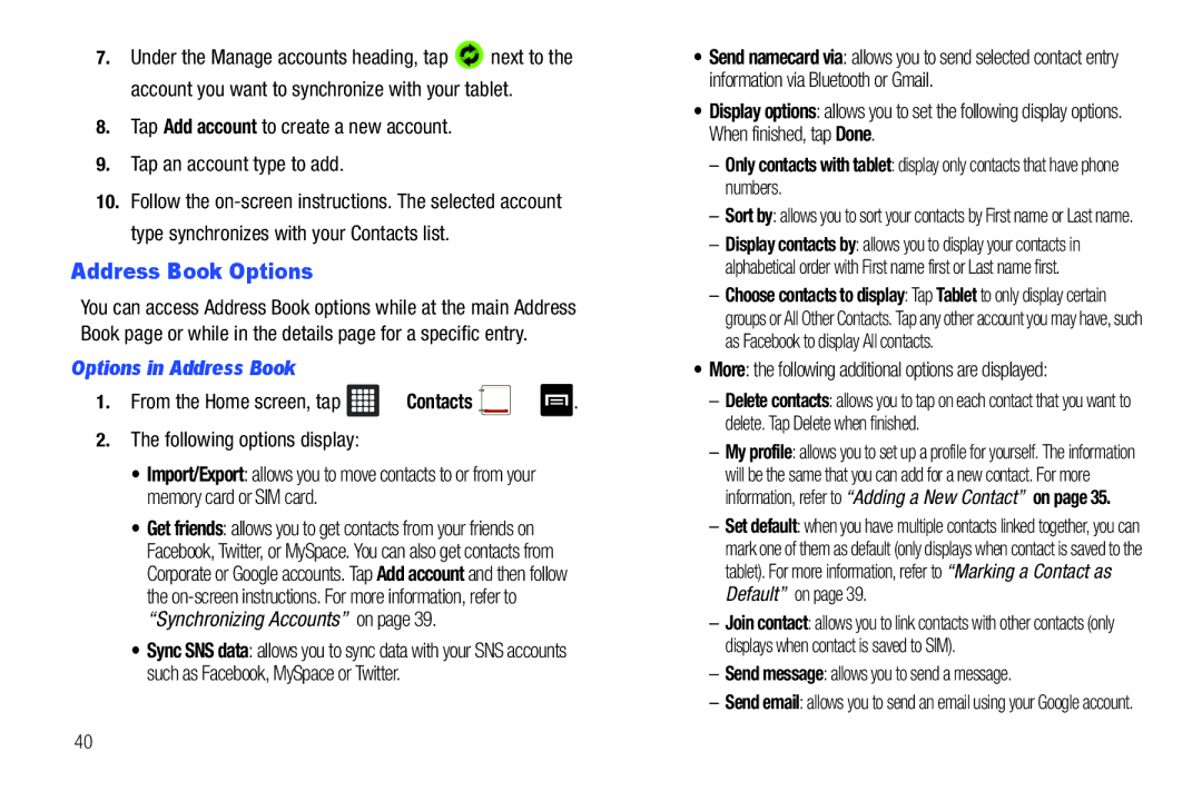 Samsung A3LSGHI987 user manual Address Book Options, Options in Address Book, Send message allows you to send a message 