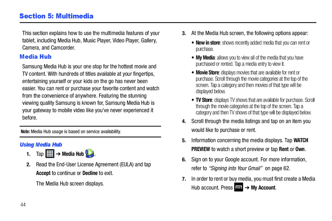 Samsung A3LSGHI987 user manual Multimedia, Using Media Hub, Tap Media Hub 