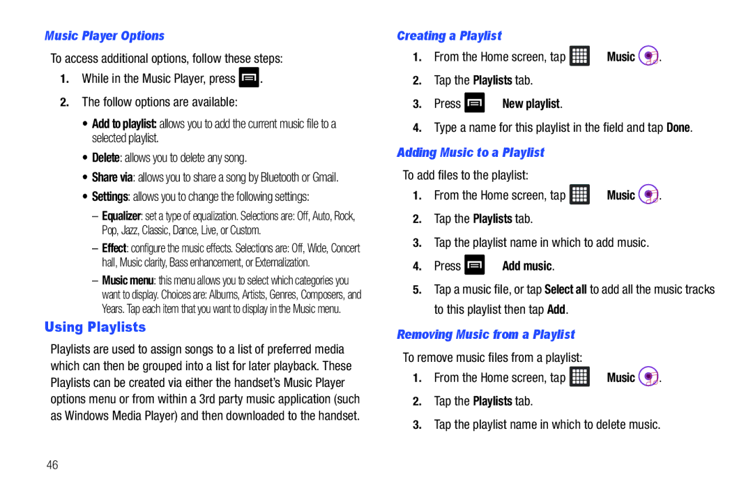 Samsung A3LSGHI987 user manual Using Playlists, Music Player Options, Creating a Playlist, Adding Music to a Playlist 