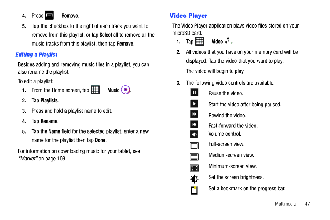 Samsung A3LSGHI987 user manual Video Player, Editing a Playlist, Tap Playlists, Tap Rename, Tap Video 
