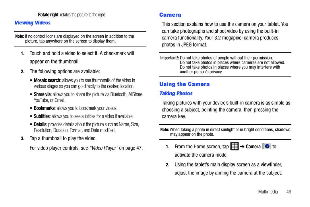 Samsung A3LSGHI987 user manual Using the Camera, Viewing Videos, Taking Photos 