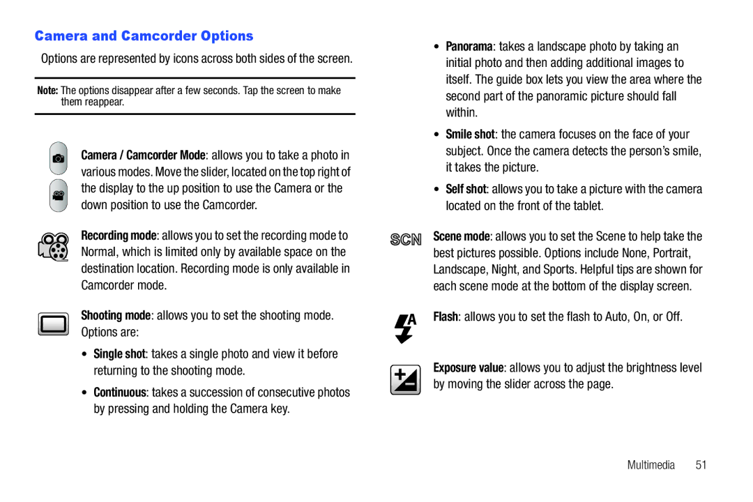 Samsung A3LSGHI987 user manual Camera and Camcorder Options, Flash allows you to set the flash to Auto, On, or Off 