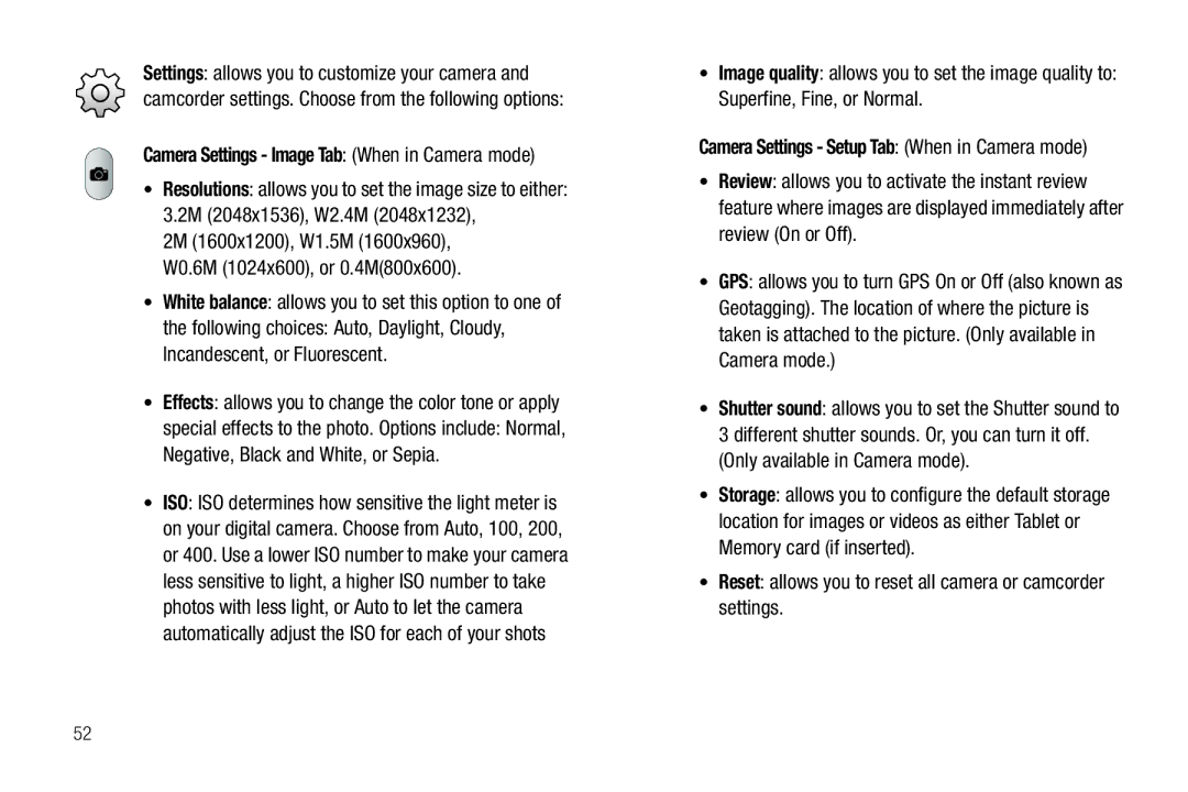 Samsung A3LSGHI987 Camera Settings Image Tab When in Camera mode, White balance allows you to set this option to one 