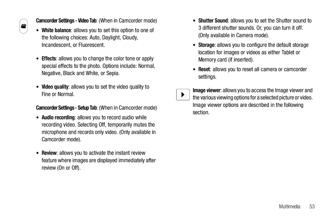 Samsung A3LSGHI987 user manual Camcorder Settings Video Tab When in Camcorder mode 