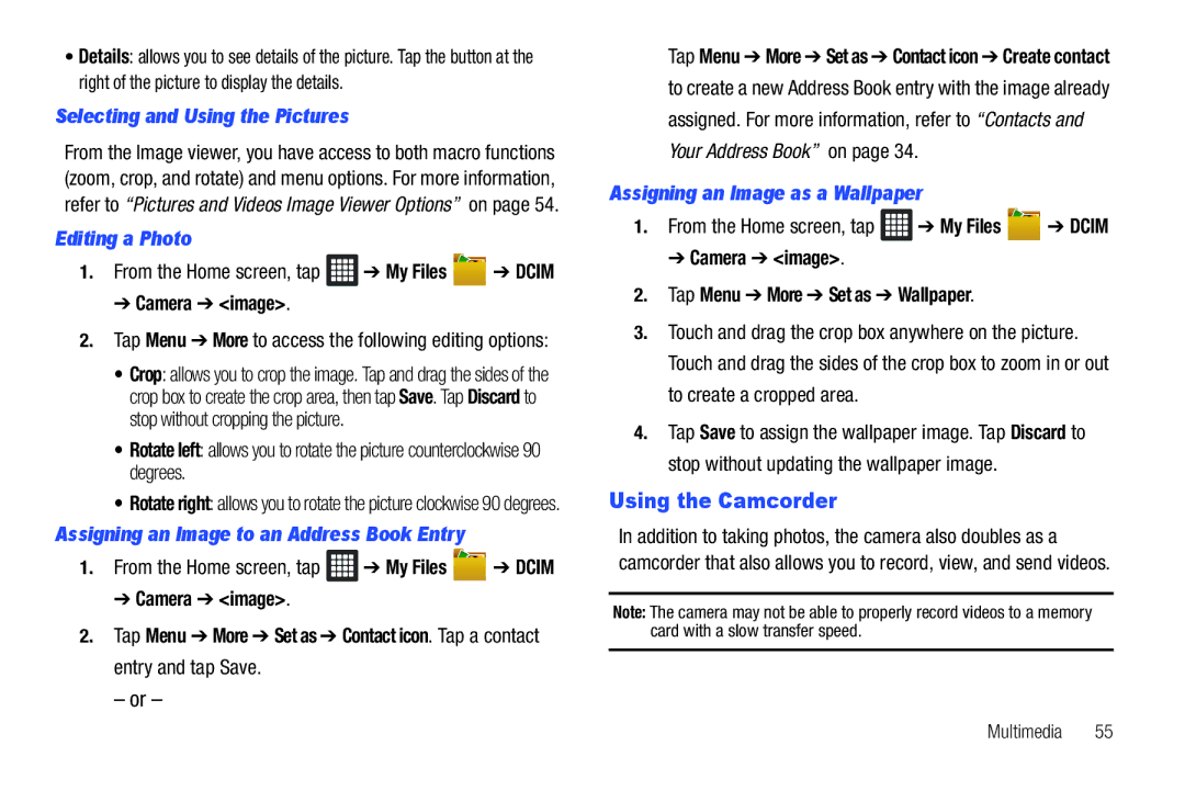 Samsung A3LSGHI987 user manual Using the Camcorder, Selecting and Using the Pictures, Editing a Photo 