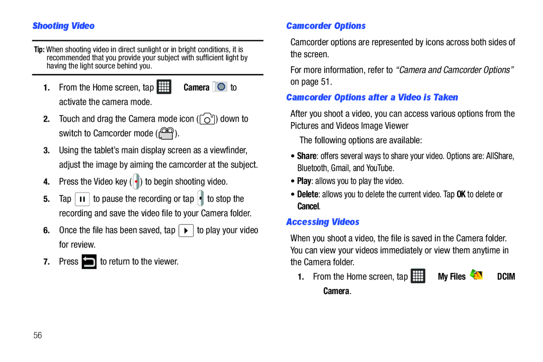 Samsung A3LSGHI987 user manual Shooting Video, Camcorder Options after a Video is Taken, Accessing Videos 