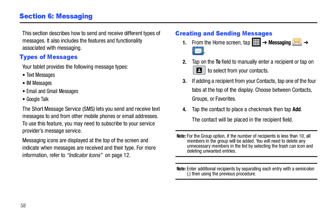 Samsung A3LSGHI987 user manual Messaging, Types of Messages, Creating and Sending Messages, To select from your contacts 