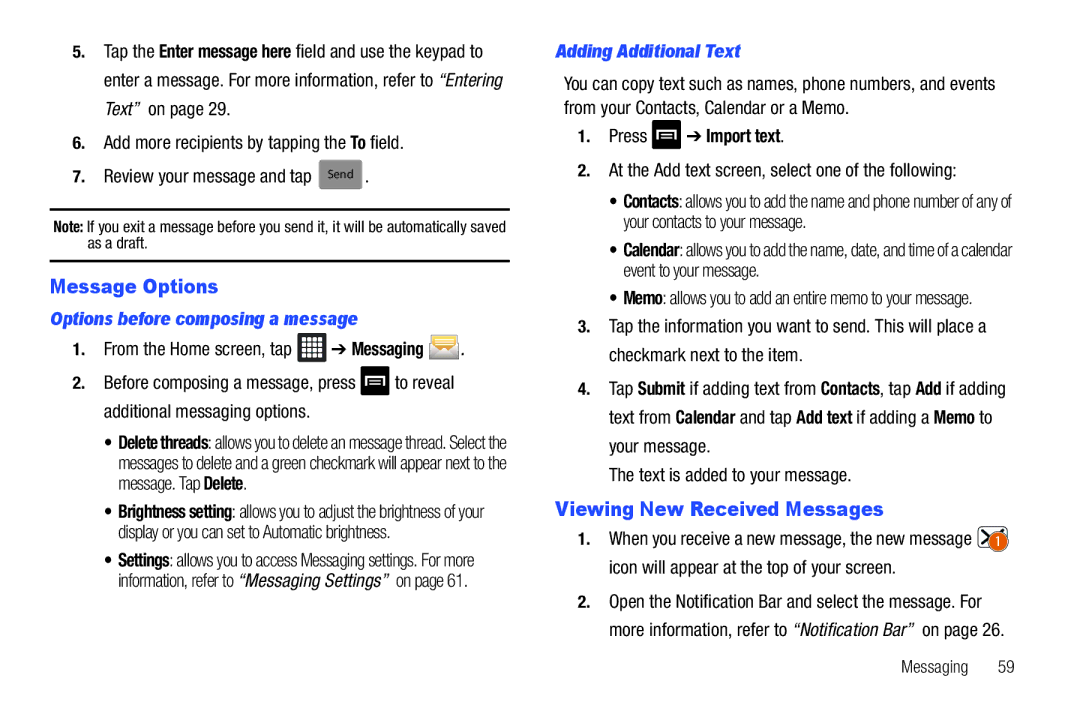 Samsung A3LSGHI987 Message Options, Viewing New Received Messages, Options before composing a message, Press Import text 