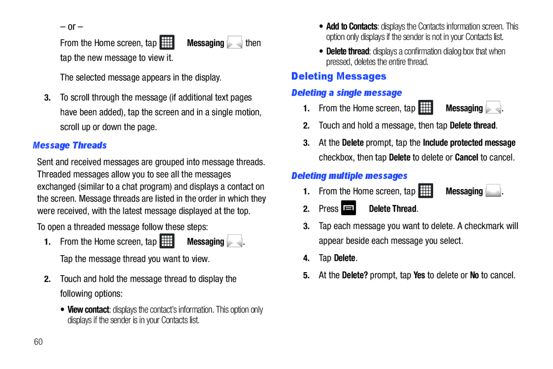 Samsung A3LSGHI987 user manual Deleting Messages, Message Threads, Deleting a single message, Deleting multiple messages 