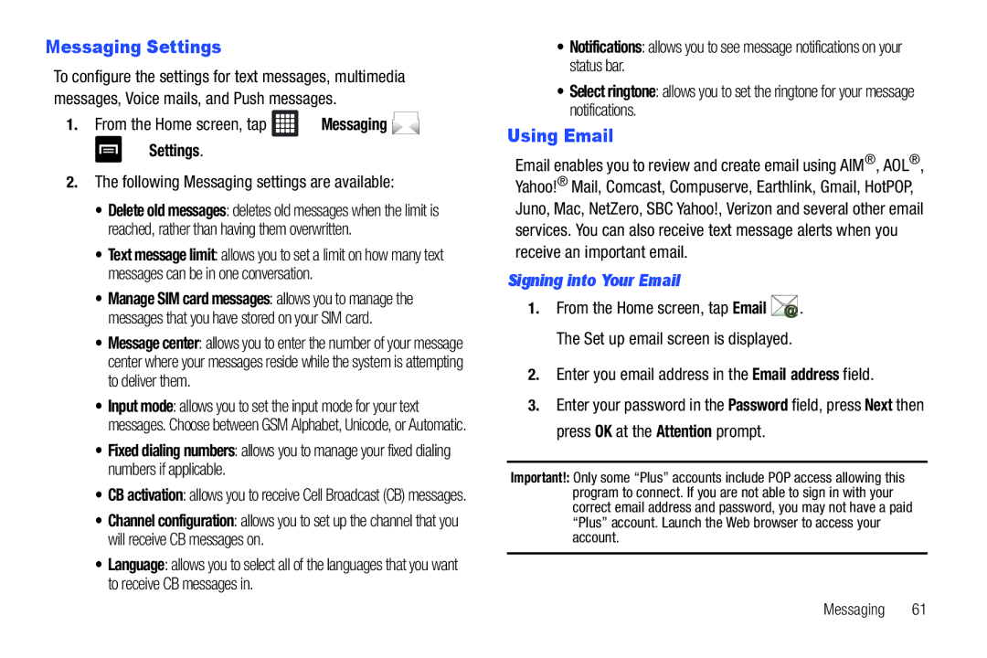 Samsung A3LSGHI987 Messaging Settings, Using Email, Following Messaging settings are available, Signing into Your Email 