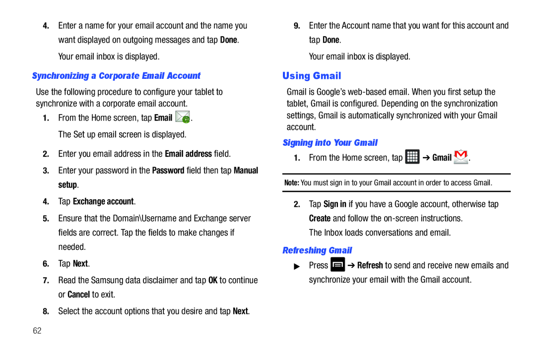 Samsung A3LSGHI987 Using Gmail, Synchronizing a Corporate Email Account, Signing into Your Gmail, Refreshing Gmail 