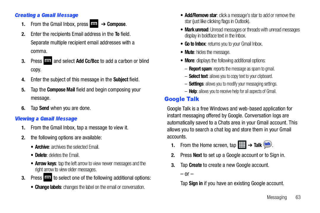 Samsung A3LSGHI987 user manual Google Talk, Creating a Gmail Message, Viewing a Gmail Message 