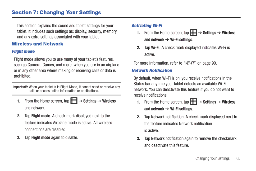 Samsung A3LSGHI987 Changing Your Settings, Wireless and Network, Flight mode, Activating Wi-Fi, Network Notification 