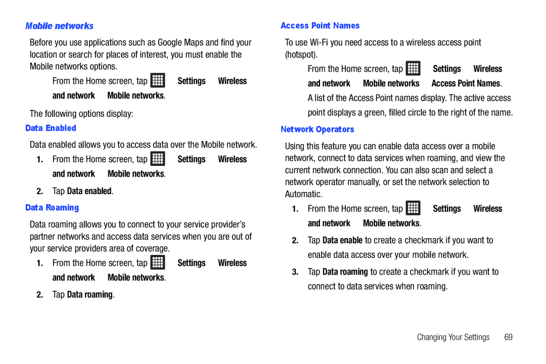 Samsung A3LSGHI987 user manual Mobile networks, Following options display, Tap Data enabled, Tap Data roaming 