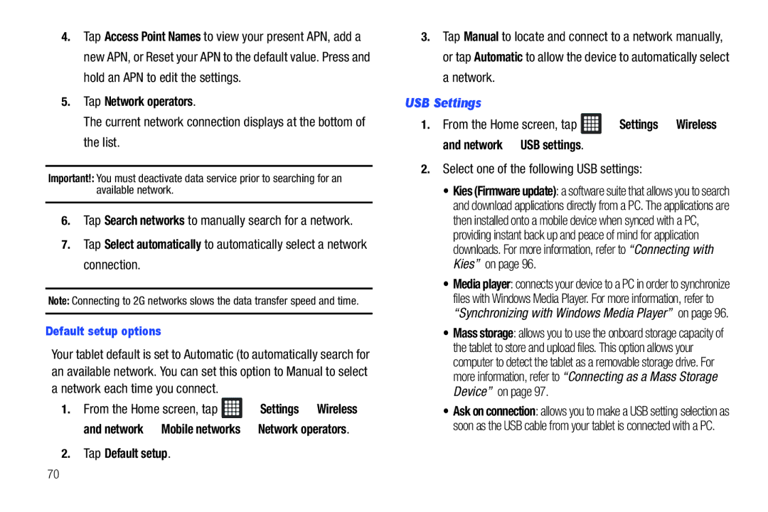 Samsung A3LSGHI987 Tap Network operators, Tap Default setup, USB Settings, Select one of the following USB settings 