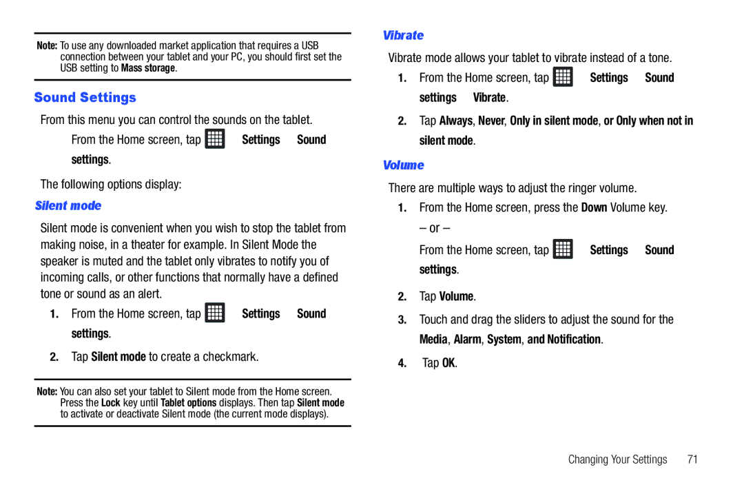 Samsung A3LSGHI987 Sound Settings, From the Home screen, tap Settings Sound settings, Silent mode, Vibrate, Volume 