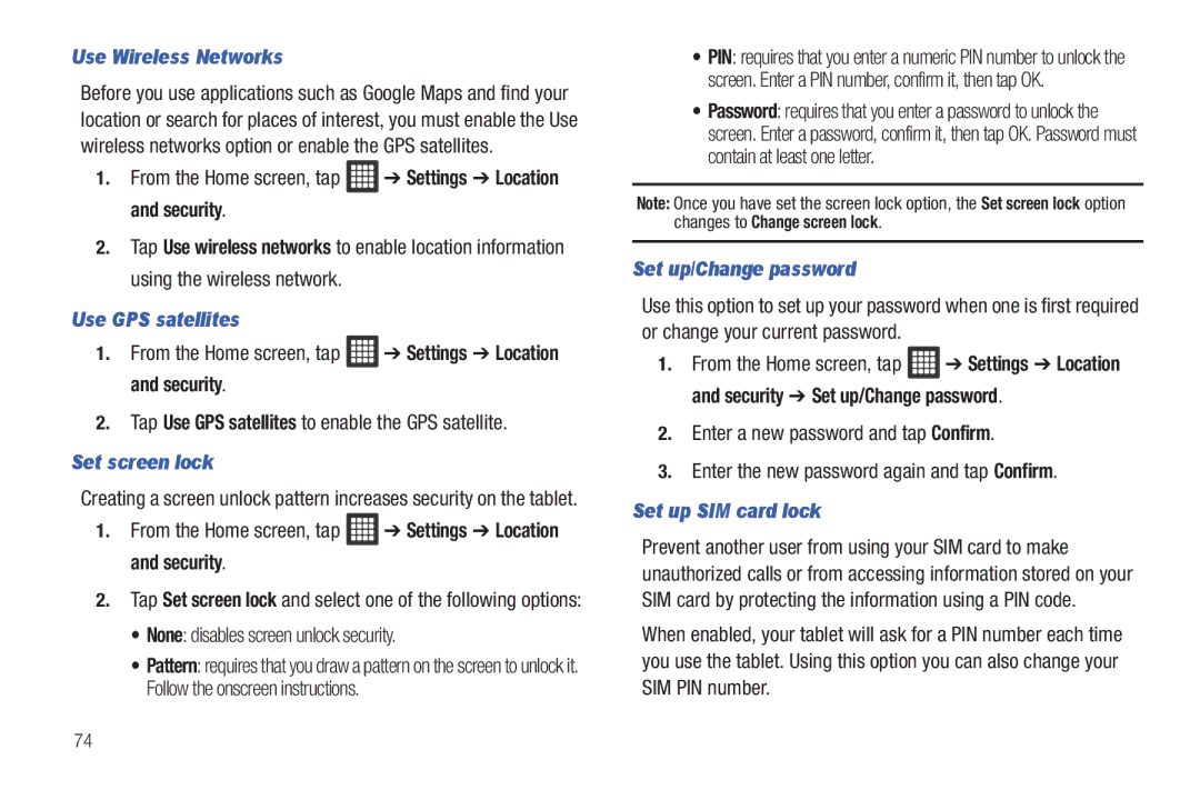 Samsung A3LSGHI987 user manual Use Wireless Networks, Use GPS satellites, Set screen lock, Set up/Change password 