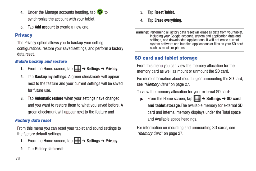 Samsung A3LSGHI987 Privacy, SD card and tablet storage, Tap Add account to create a new one, Mobile backup and restore 