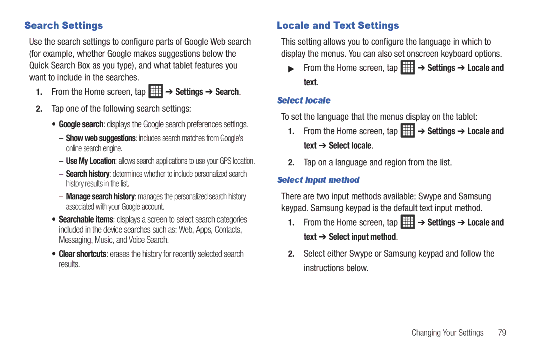 Samsung A3LSGHI987 Search Settings, Locale and Text Settings, From the Home screen, tap Settings Locale and text 