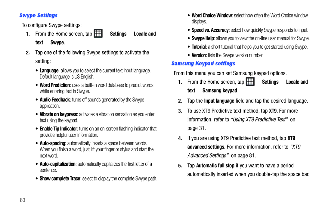 Samsung A3LSGHI987 user manual To configure Swype settings, From the Home screen, tap Settings Locale and text Swype 