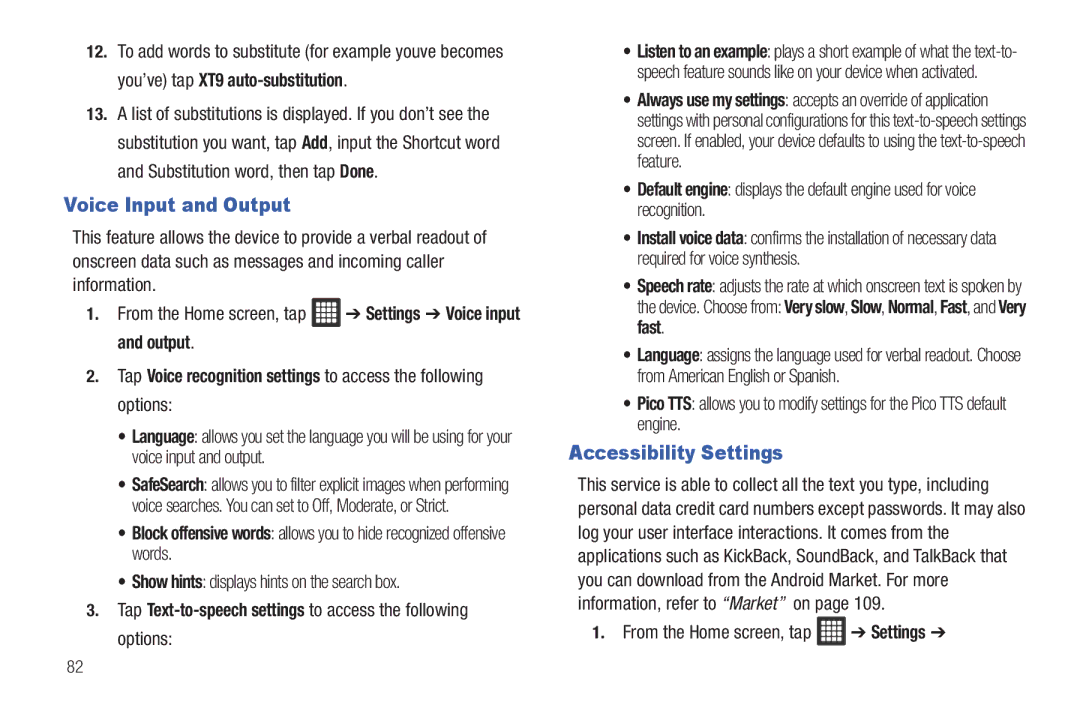 Samsung A3LSGHI987 user manual Voice Input and Output, Accessibility Settings, Show hints displays hints on the search box 