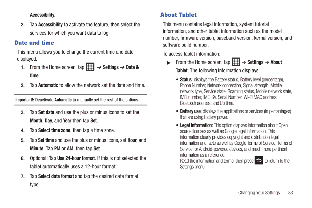 Samsung A3LSGHI987 user manual Date and time, About Tablet, Accessibility, From the Home screen, tap Settings Date & time 