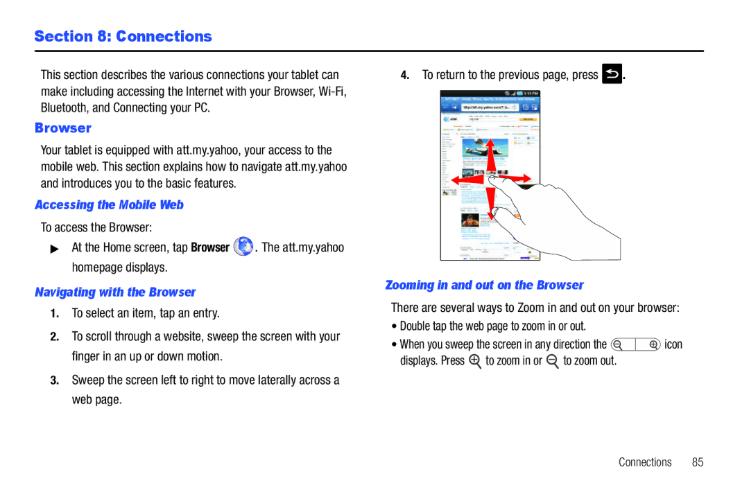 Samsung A3LSGHI987 user manual Connections, Accessing the Mobile Web, Navigating with the Browser 