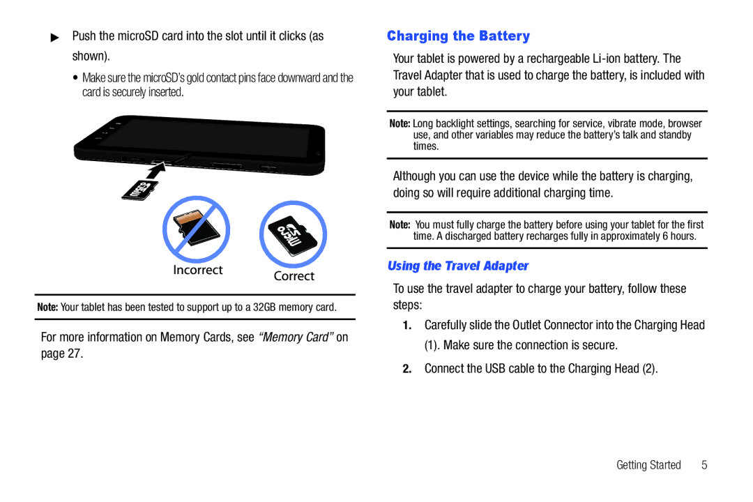 Samsung A3LSGHI987 user manual Charging the Battery, For more information on Memory Cards, see Memory Card on 