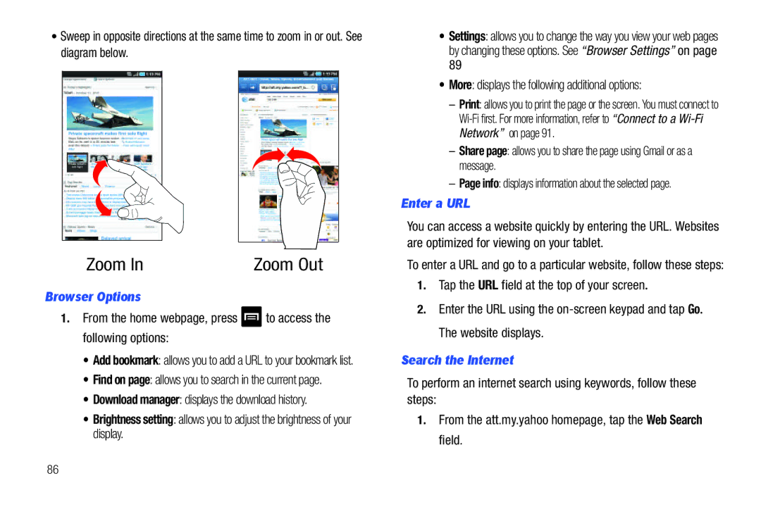 Samsung A3LSGHI987 Browser Options, Enter a URL, Search the Internet, Download manager displays the download history 