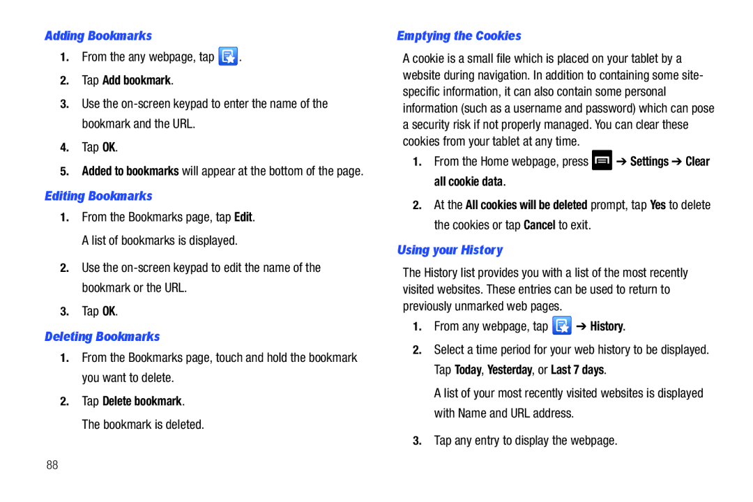 Samsung A3LSGHI987 Adding Bookmarks, Editing Bookmarks, Deleting Bookmarks, Emptying the Cookies, Using your History 