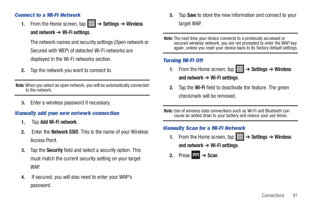 Samsung A3LSGHI987 user manual Connect to a Wi-Fi Network, Manually add your new network connection, Tap Add Wi-Fi network 