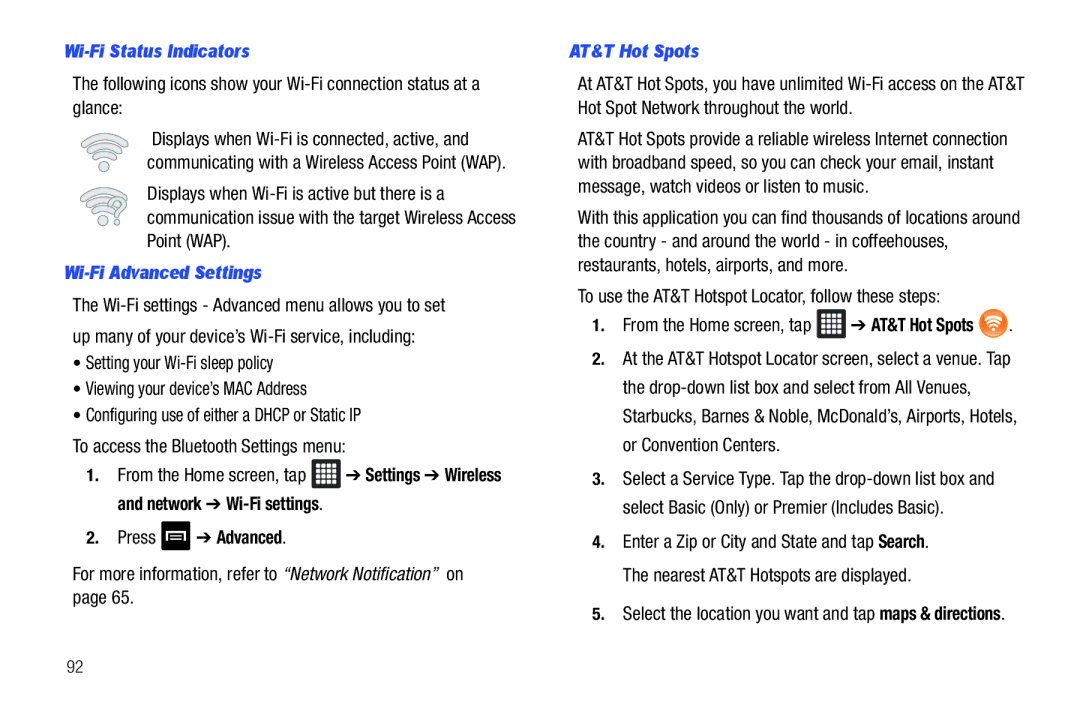 Samsung A3LSGHI987 user manual Wi-Fi Status Indicators, Wi-Fi Advanced Settings, Press Advanced, AT&T Hot Spots 