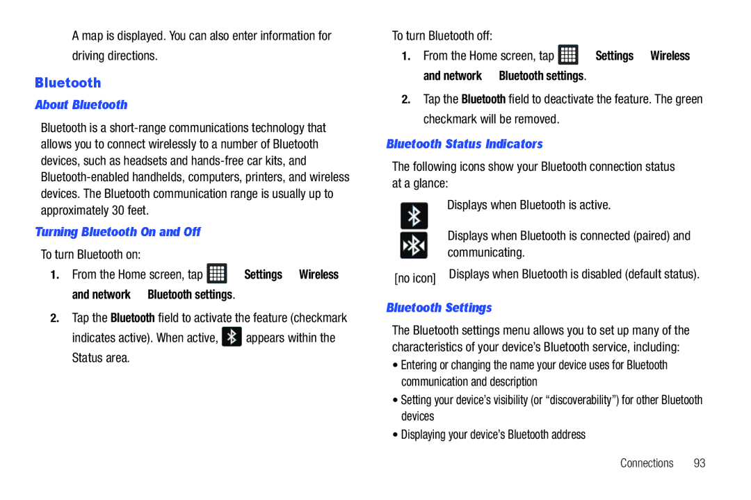 Samsung A3LSGHI987 user manual About Bluetooth, Turning Bluetooth On and Off, Bluetooth Status Indicators 