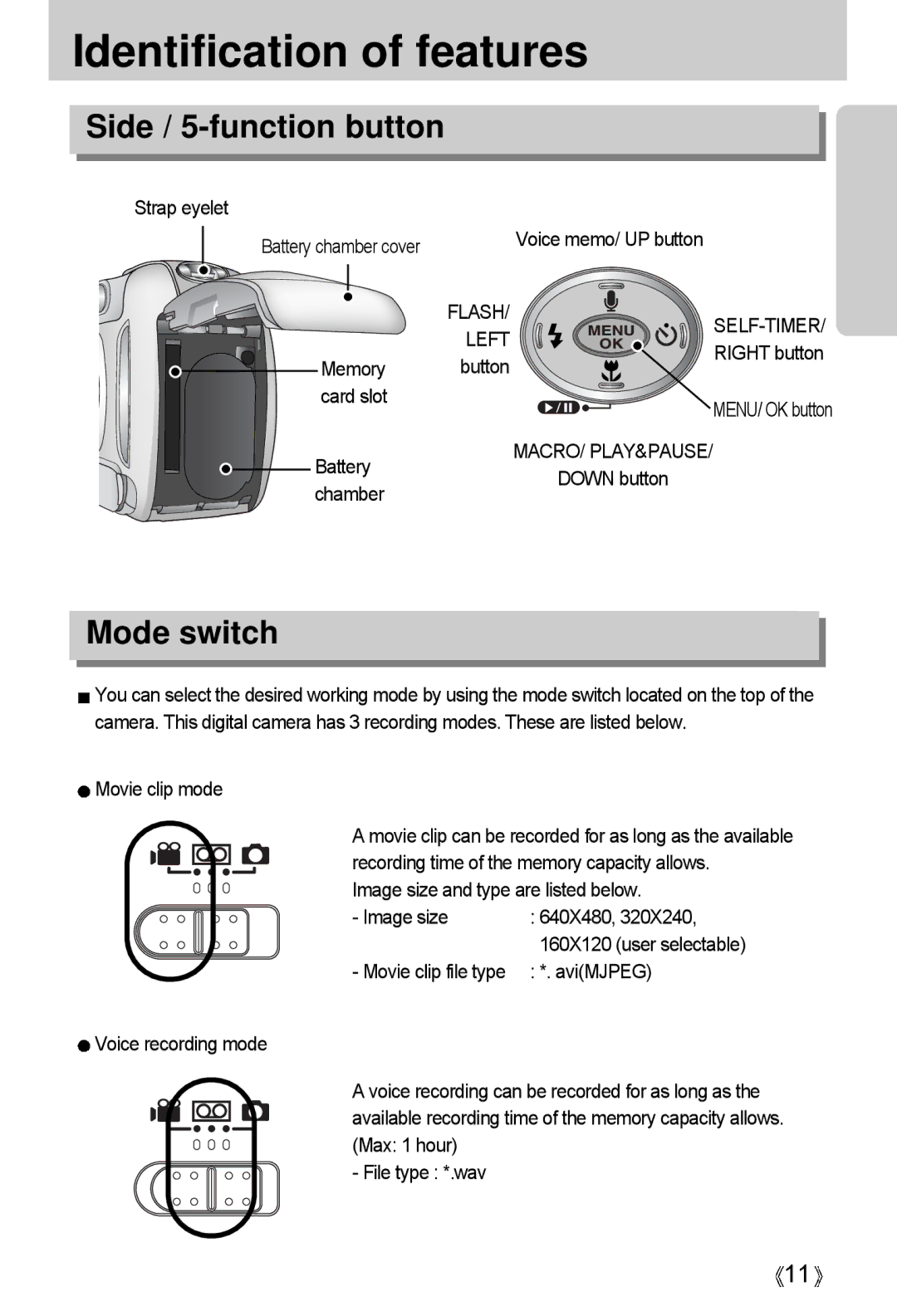 Samsung A4 user manual Side / 5-function button, Mode switch, Self-Timer, Left 