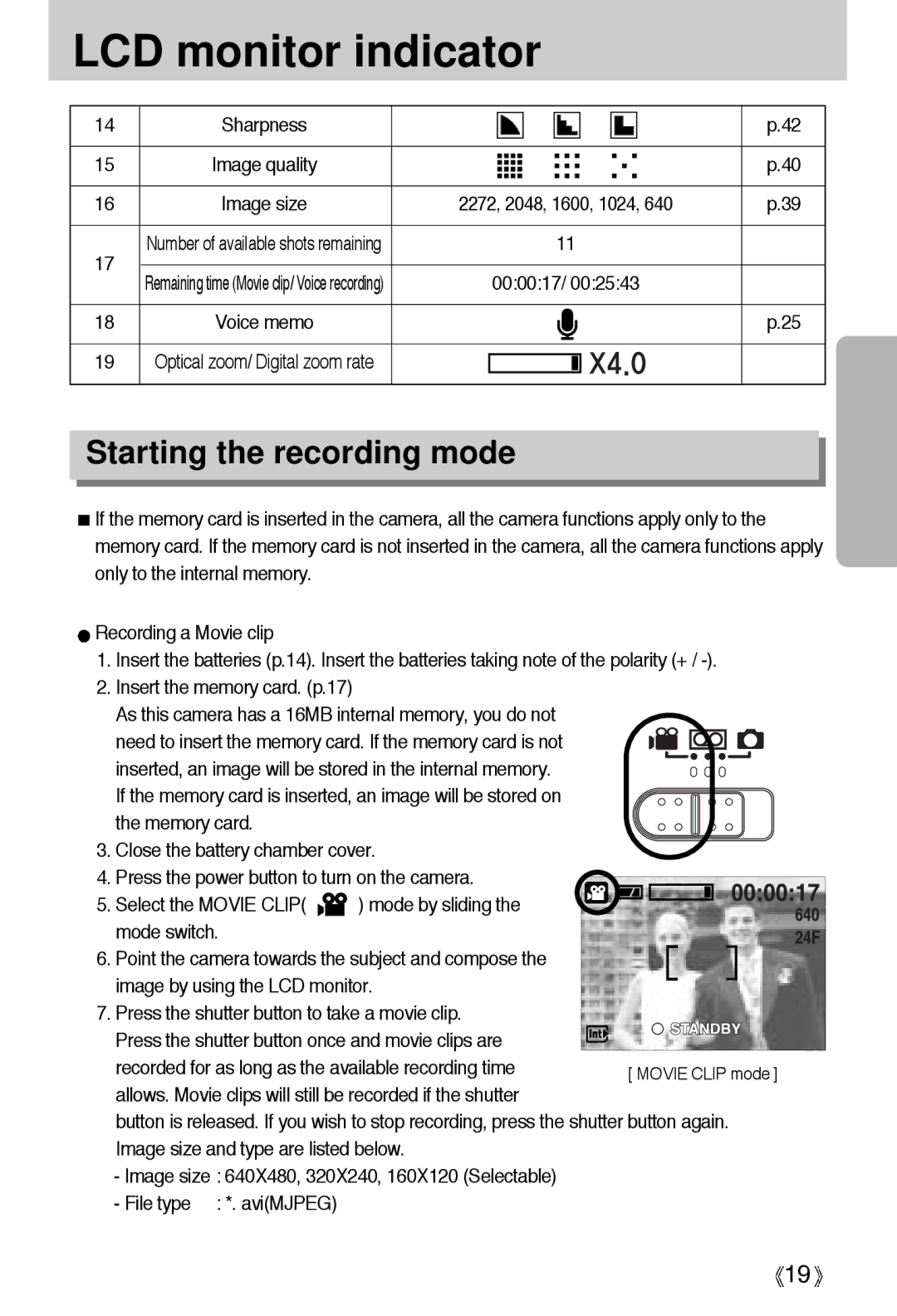 Samsung A4 user manual LCD monitor indicator, Starting the recording mode 