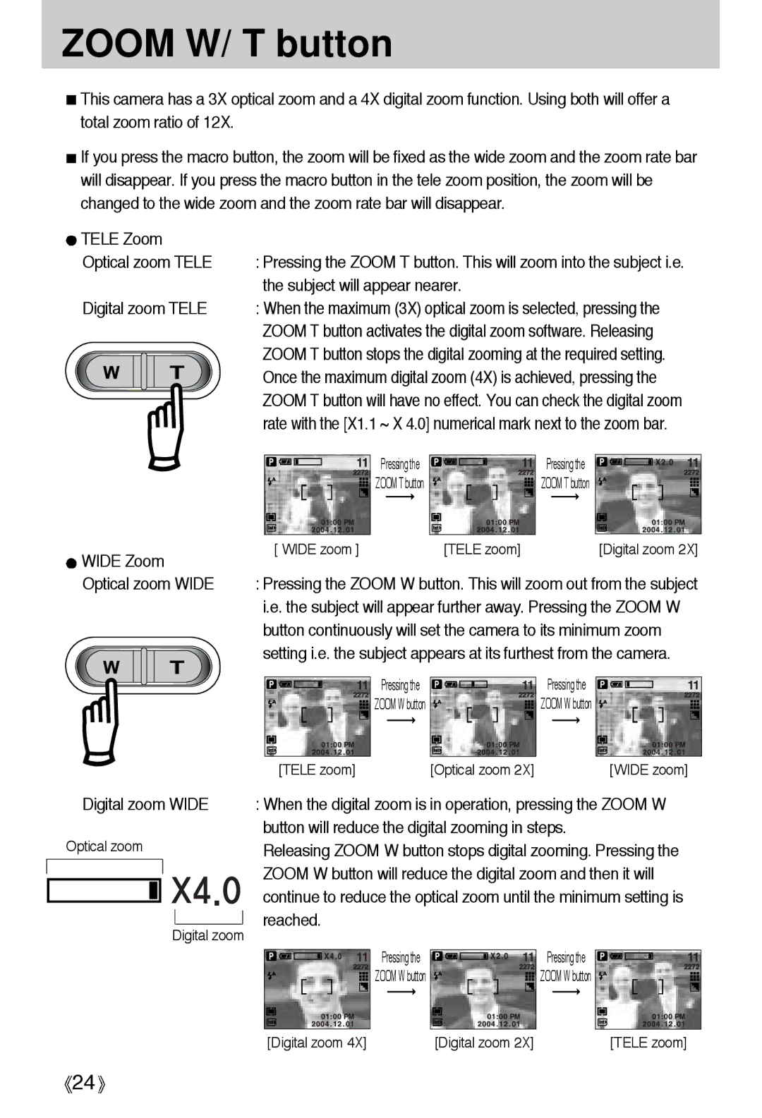 Samsung A4 user manual Zoom W/ T button, Digital zoom Tele 