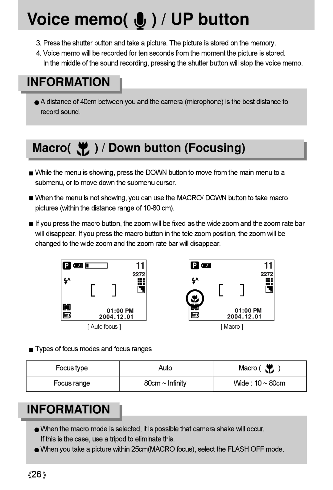 Samsung A4 user manual Voice memo / UP button, Macro / Down button Focusing 