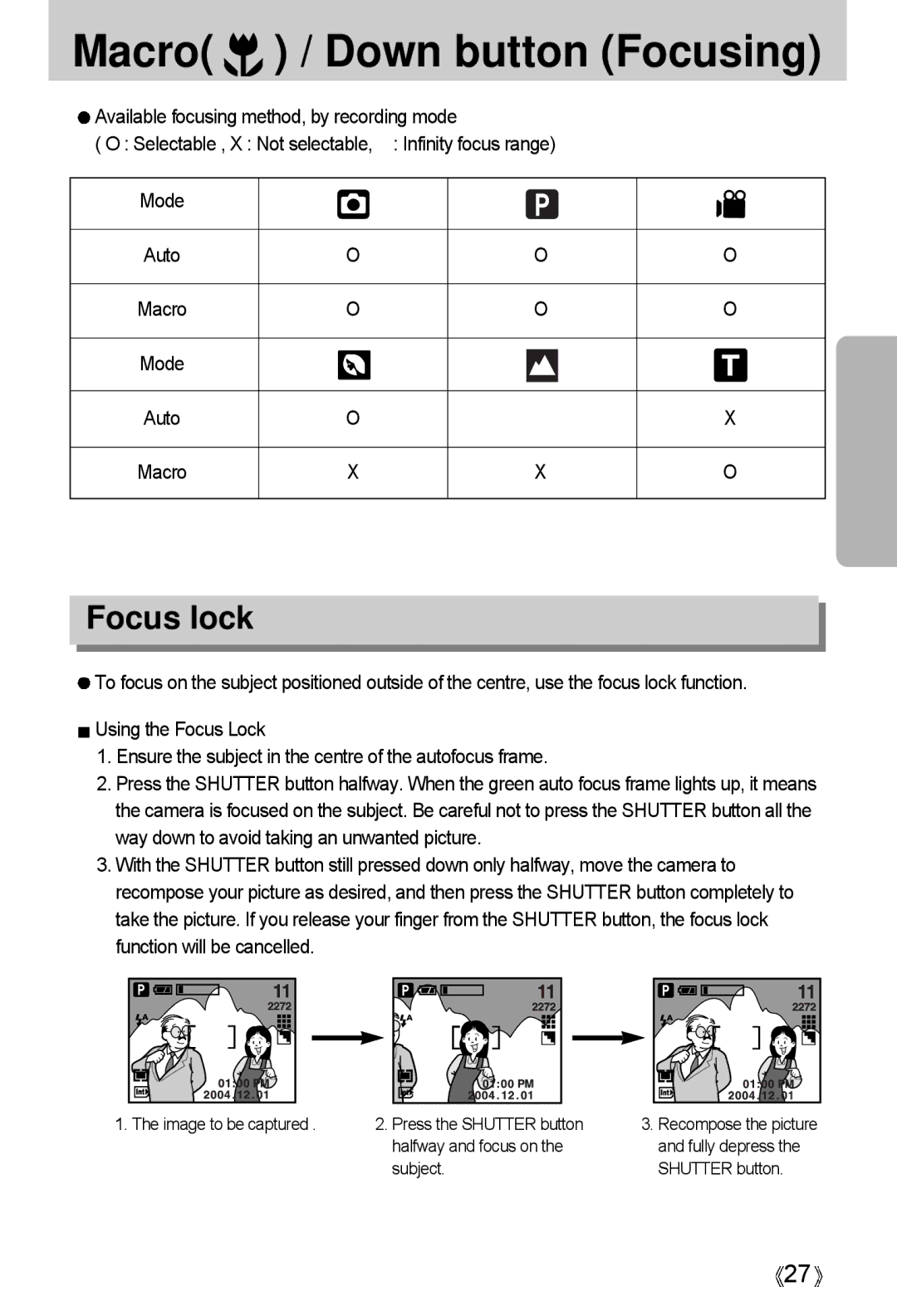 Samsung A4 user manual Macro / Down button Focusing, Focus lock 