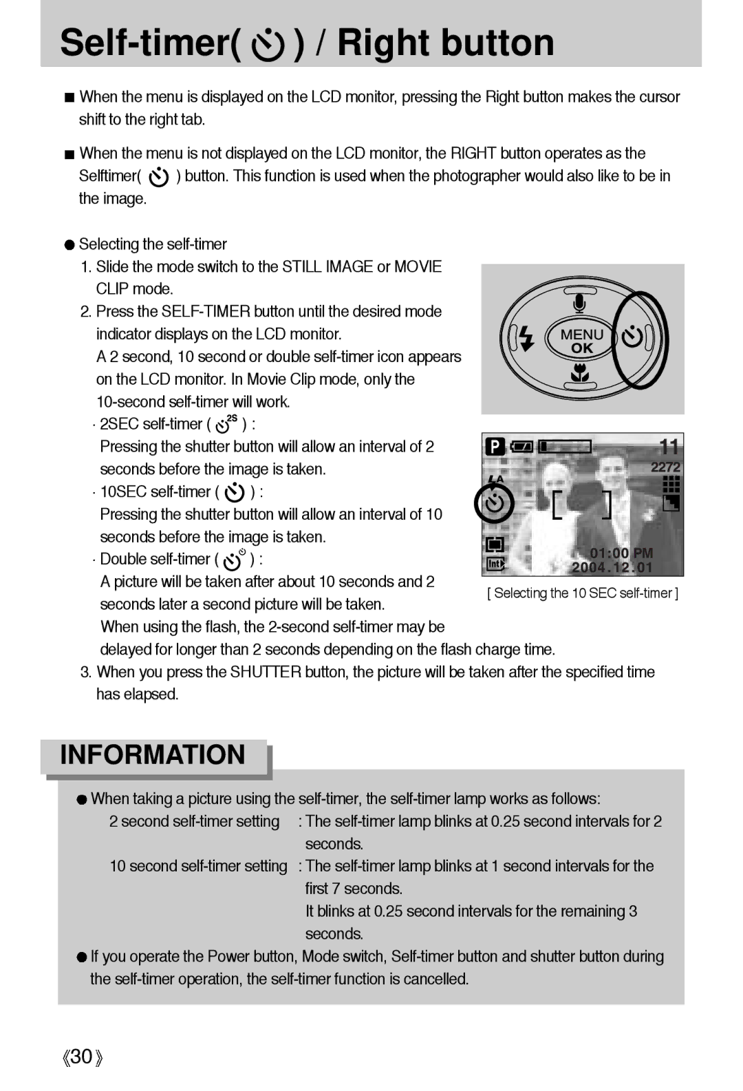 Samsung A4 user manual Self-timer / Right button, 10SEC self-timer 