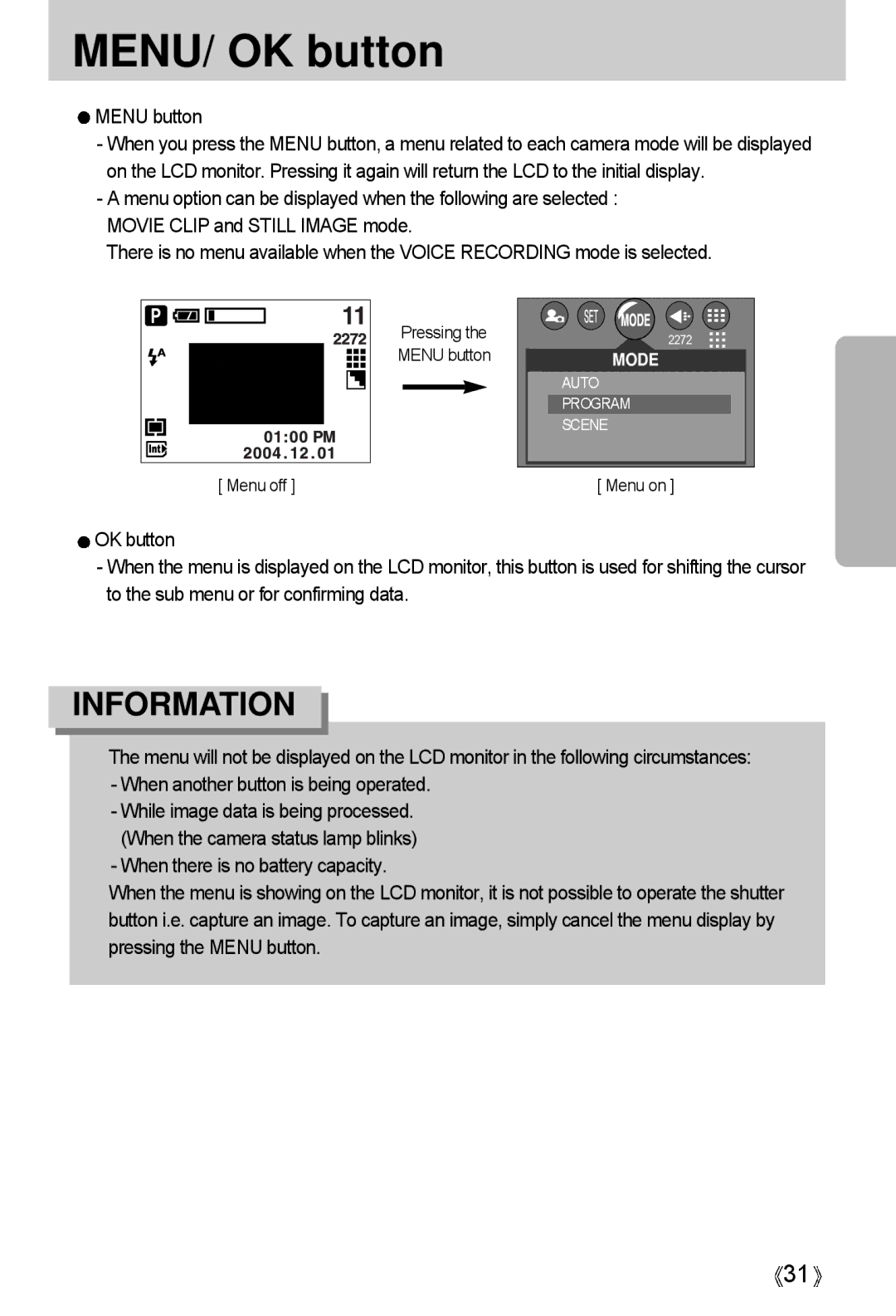 Samsung A4 user manual MENU/ OK button, Menu button 