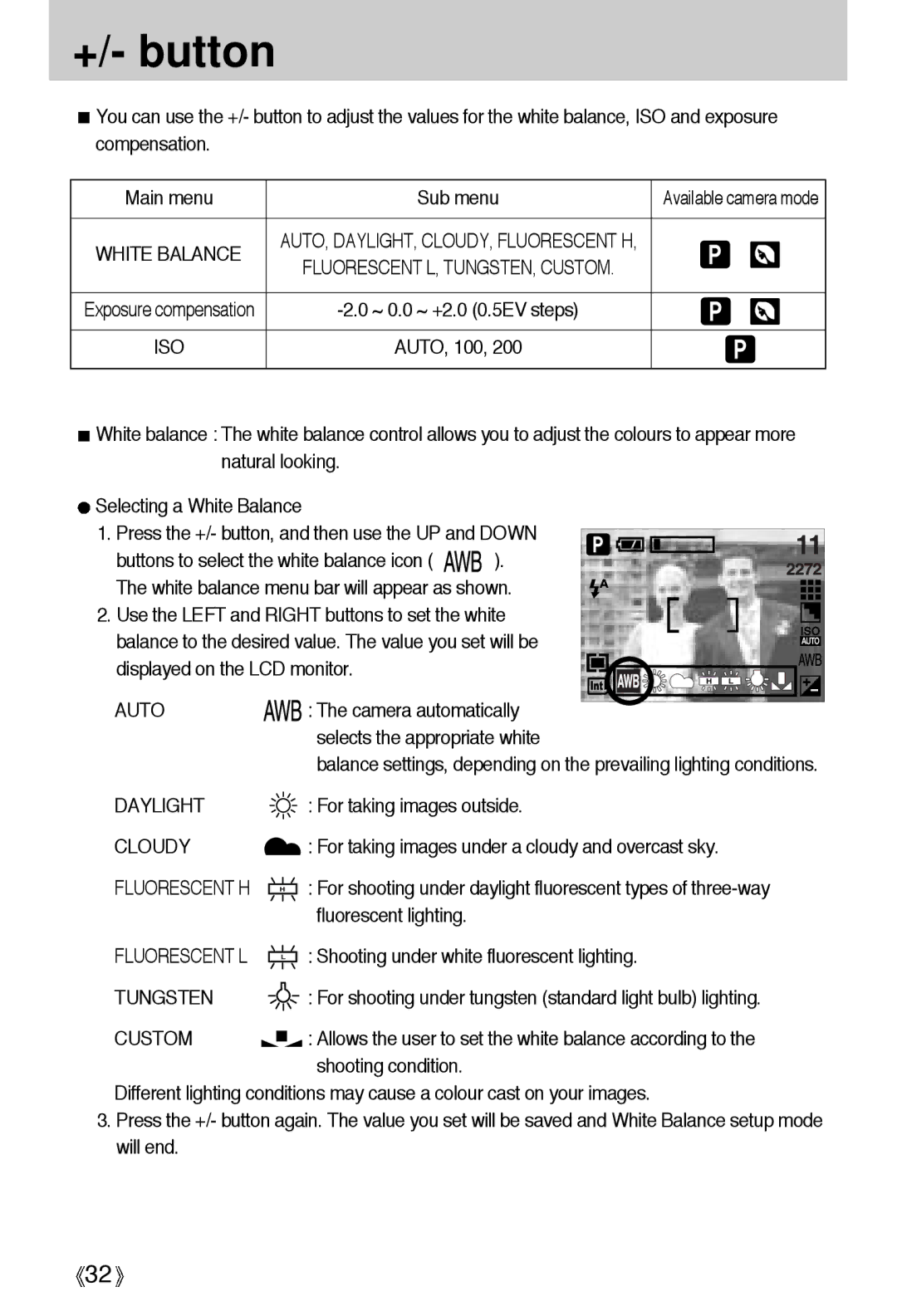 Samsung A4 user manual +/- button, White Balance 