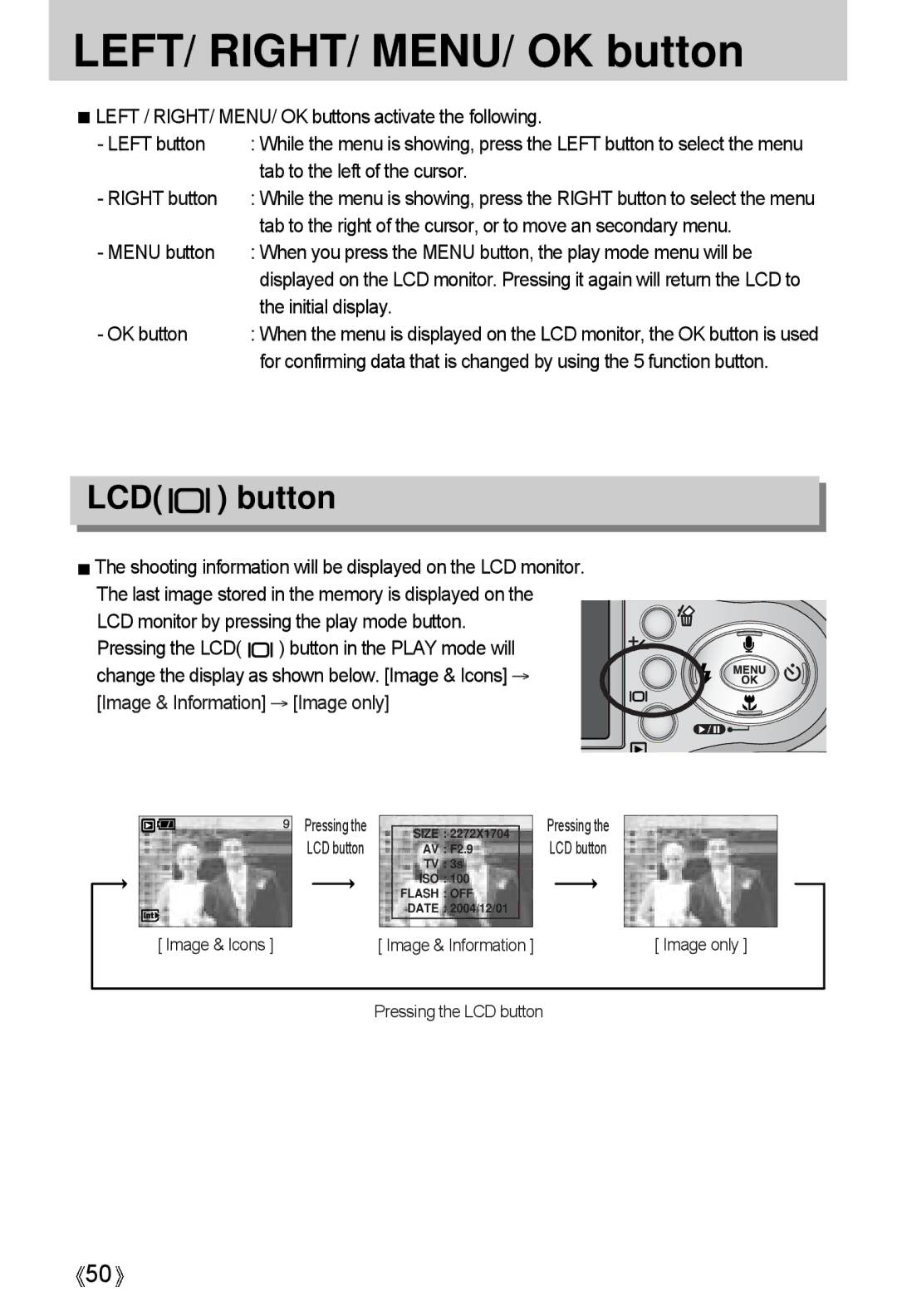 Samsung A4 user manual LEFT/ RIGHT/ MENU/ OK button, LCD button, Tab to the left of the cursor, Initial display 