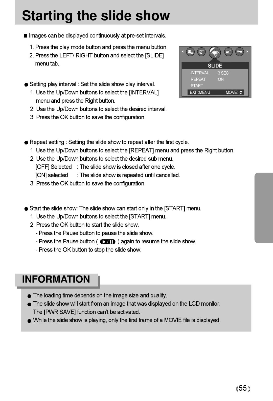 Samsung A4 user manual Starting the slide show, Press the OK button to save the configuration, On selected 